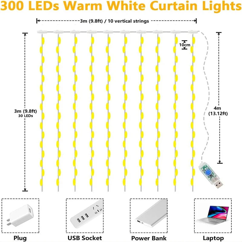 3M LED Lights String Fairy Decoration USB Holiday Curtain Garland Lamp 8 Mode for Home Garden Christmas Party New Year Wedding